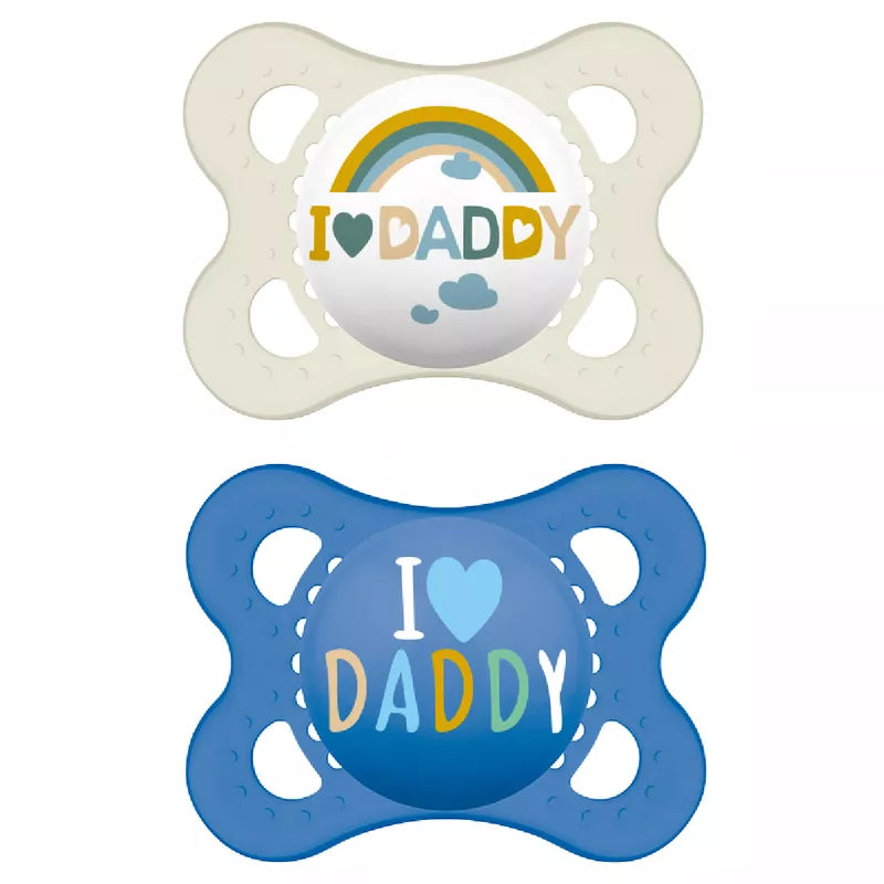 MAM Original Soothers | 18-36 Months | Pack of 2 | Comes in Dummy Steriliser Box | Sustainable Materials | Baby Accessories | Blue (Various Designs