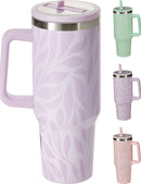 Drinking Mug With Straw - Leaf Design Assorted