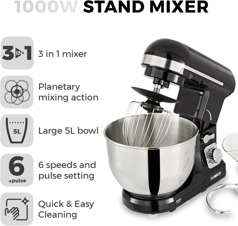 Tower 1000W Stand Mixer With 5 Litre Stainless Steel Bowl
