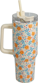 Drinking Mug With Straw - 4 Assorted Floral Designs