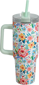 Drinking Mug With Straw - 4 Assorted Floral Designs