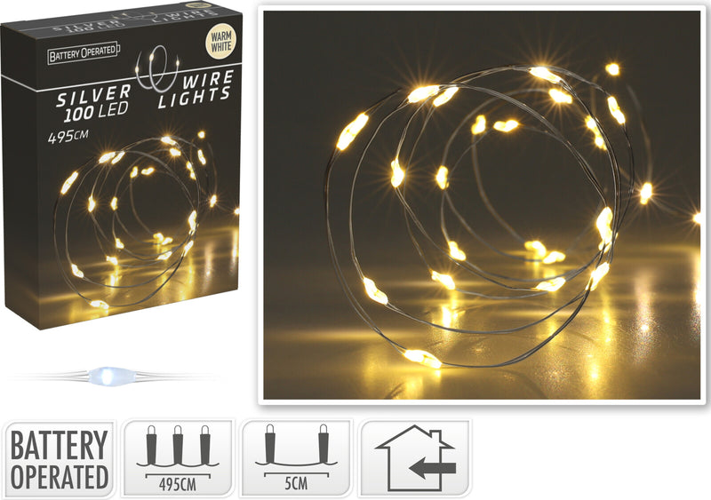 Silver Wire Lights 100 LED - Warm White