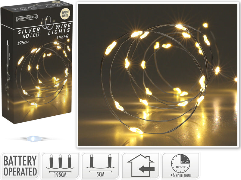 Silver Wire Lights 40 LED - Warm White