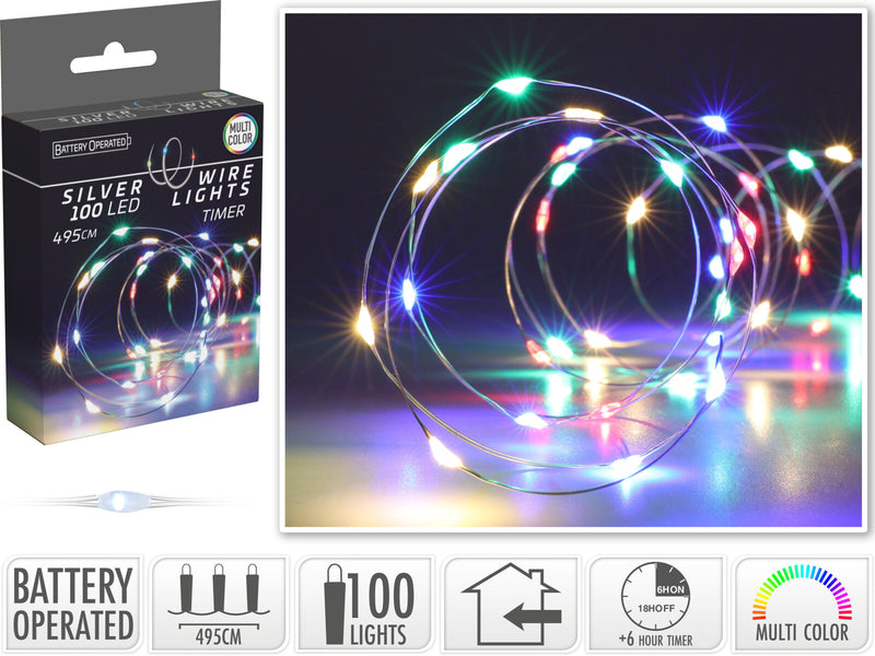 Silver Wire Lights 100 LED - Multi Coloured