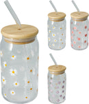 Floral Drinking Glass With Straw Assorted