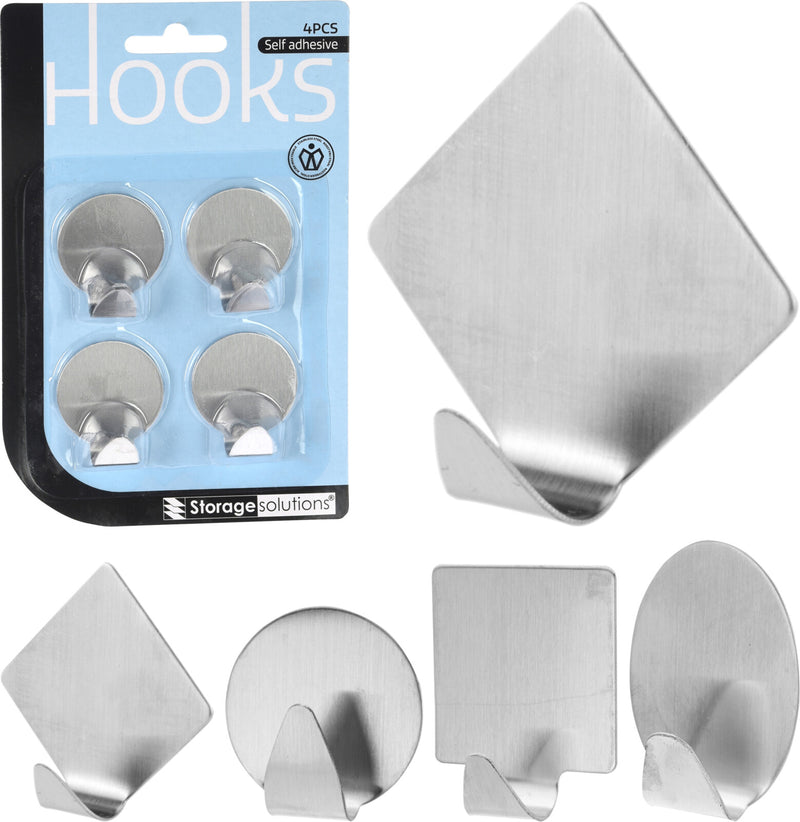 Stainless Steel Self Adhesive Hook 4 Pack - Assorted