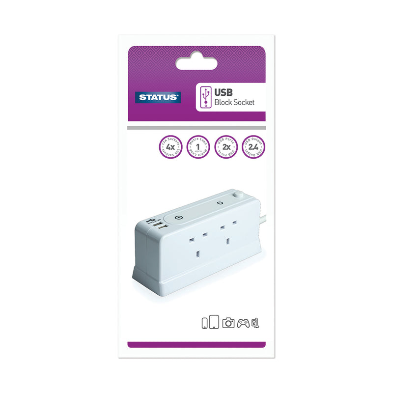 Status 4 Way Block Extension Socket With USB Port
