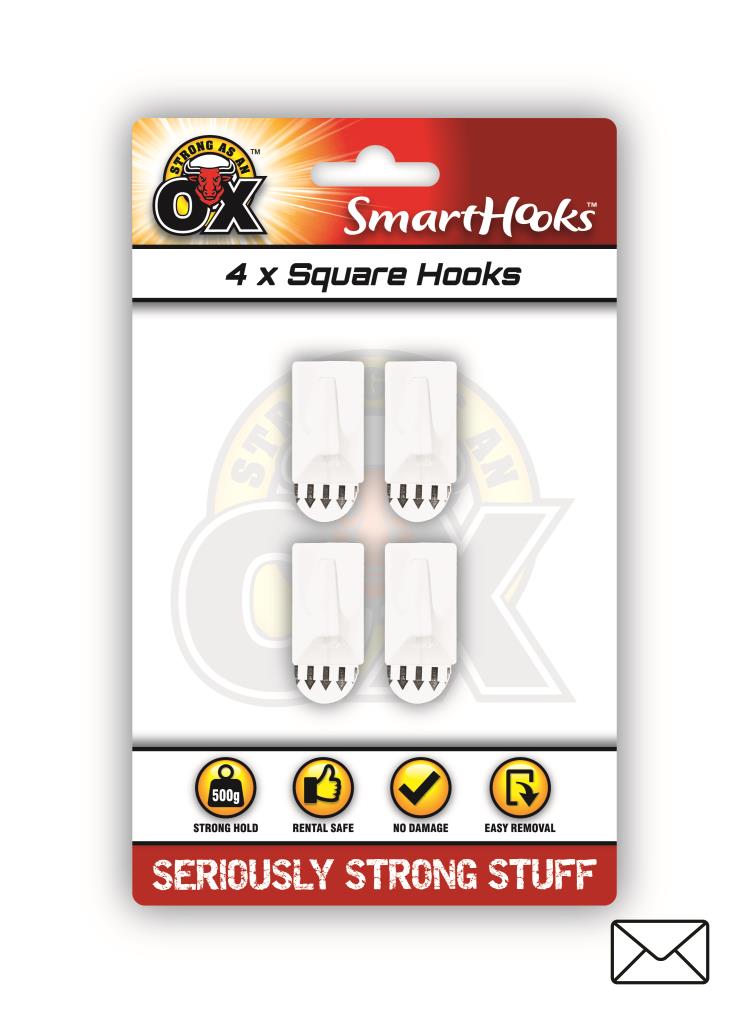 Strong As An Ox Removable Square Hook 4pk