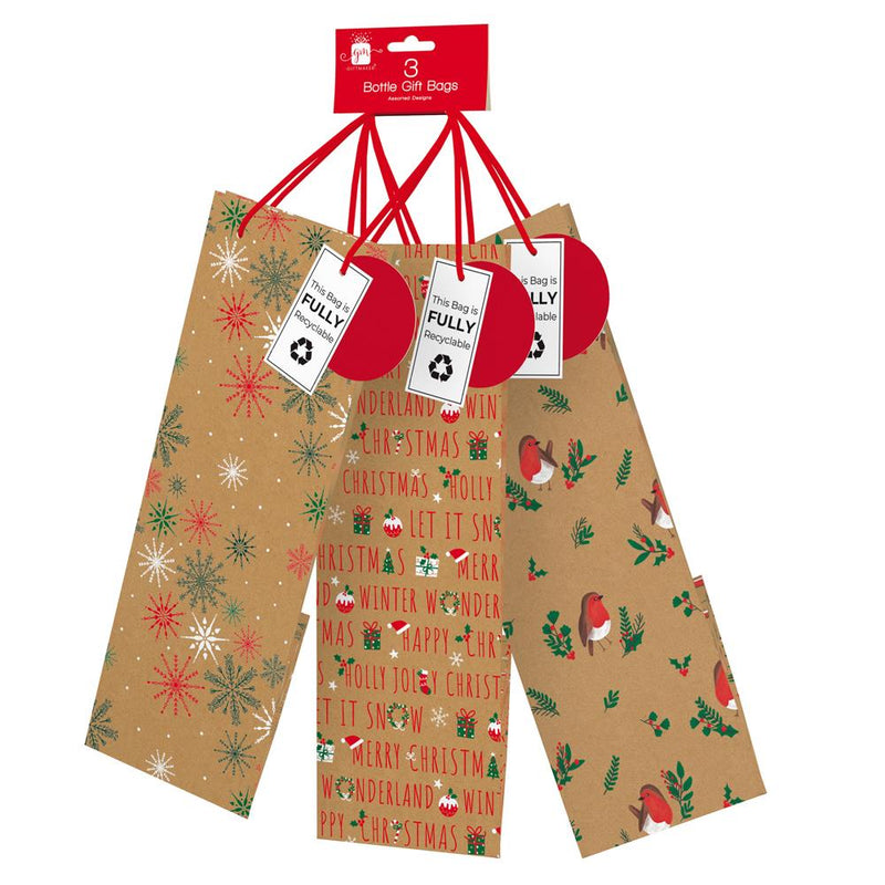 Kraft Christmas Gift Bag 3 Pack - Bottle