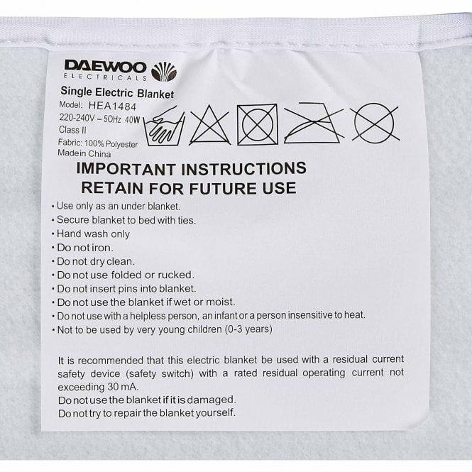 Daewoo Single Heated Under Blanket With Overheat Protection