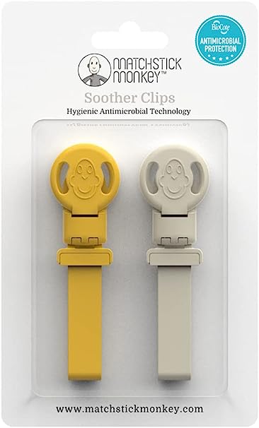 Matchstick Monkey Soother Clip 2pk - Yellow/Beige