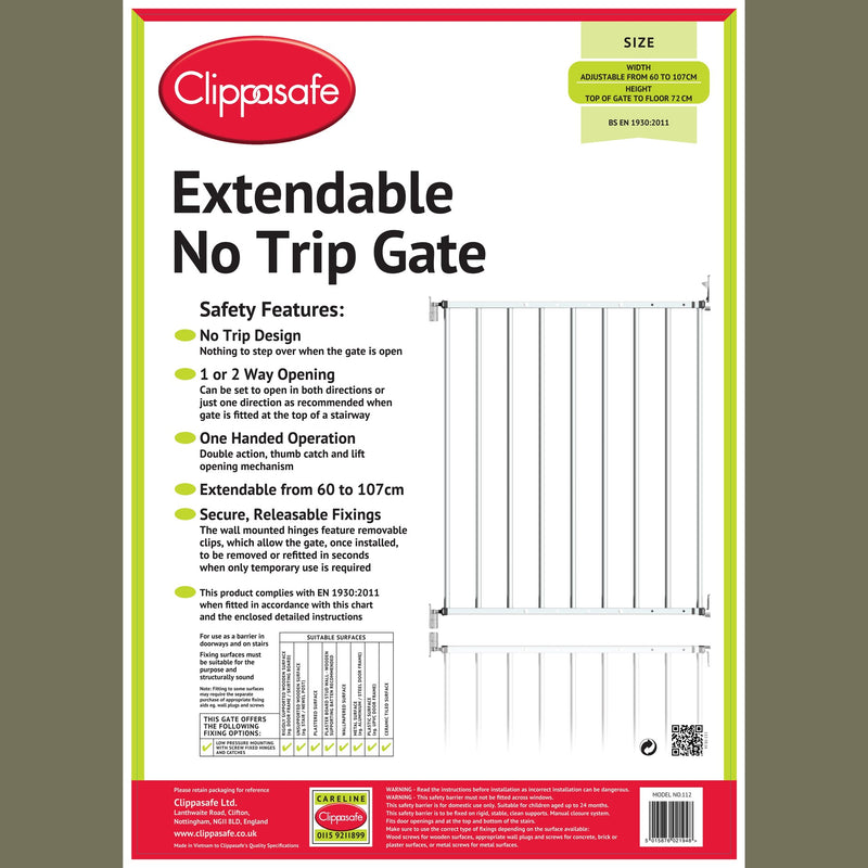 Clippasafe Extendable No-Trip Safety Gate - White