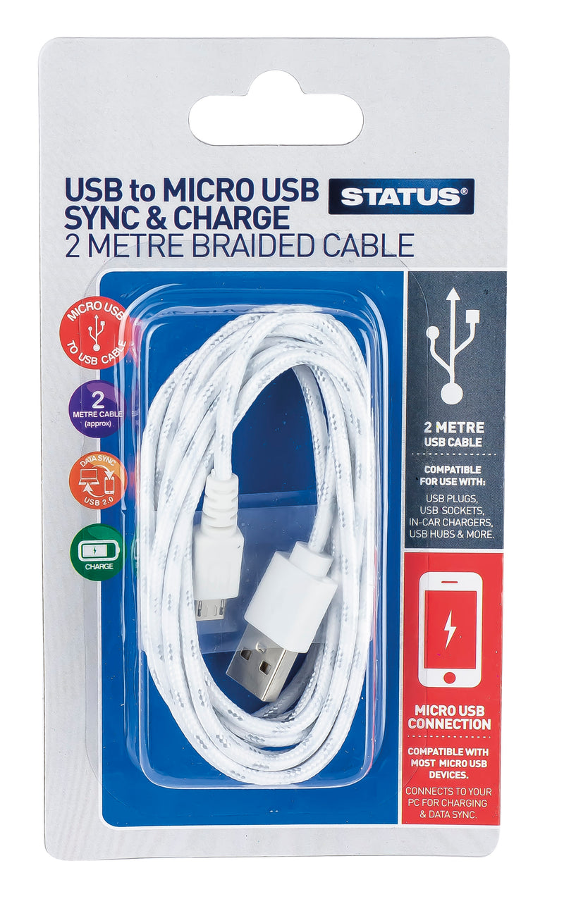 Phone Cable Micro USB to USB Charging & Data Transfer Cable (Sync & Charge) - White & Silver