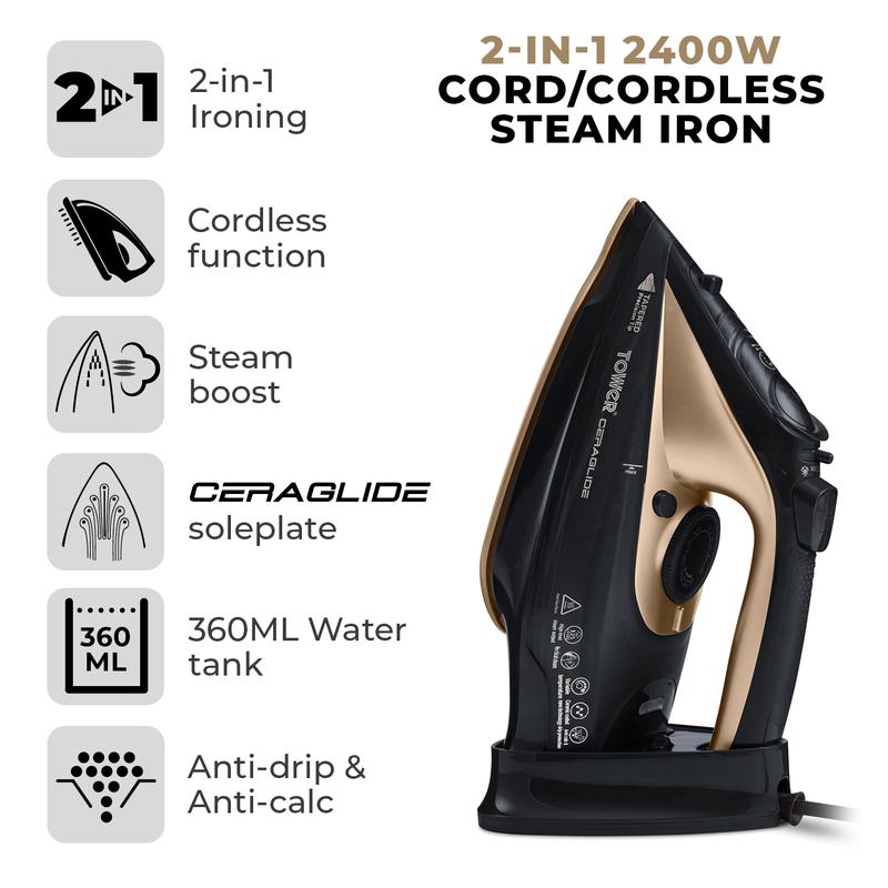 Tower CeraGlide 2400W Cordless Steam Iron - Black/Gold