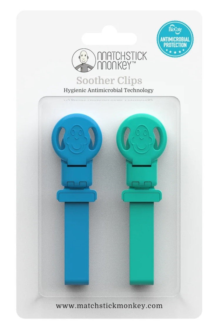 Matchstick Monkey Soother Clip 2pk - Blue/Green