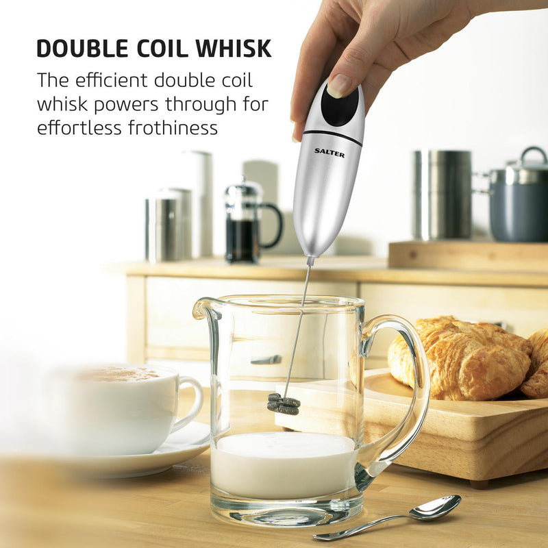 Handheld Electronic Milk Frother with Double Coil Whisk, Silver